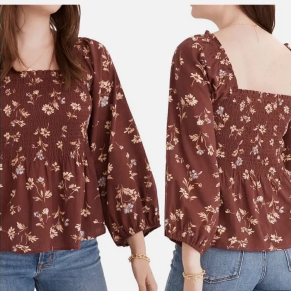 Madewell Lucie Smocked Square Neck Cotton Floral Cottage Top 10